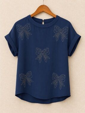 NWT Liz & Lilli Blue Rhinestone Bow Blouse Top Size Small MSRP $49.99